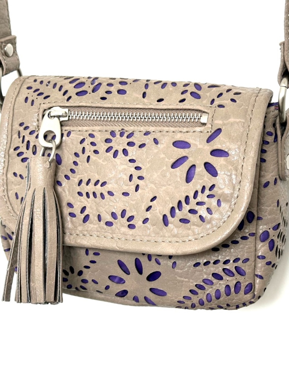 Kensie Girl Taupe Laser-Cut Mini Crossbody Bag with Purple Accent - Picture 9 of 13
